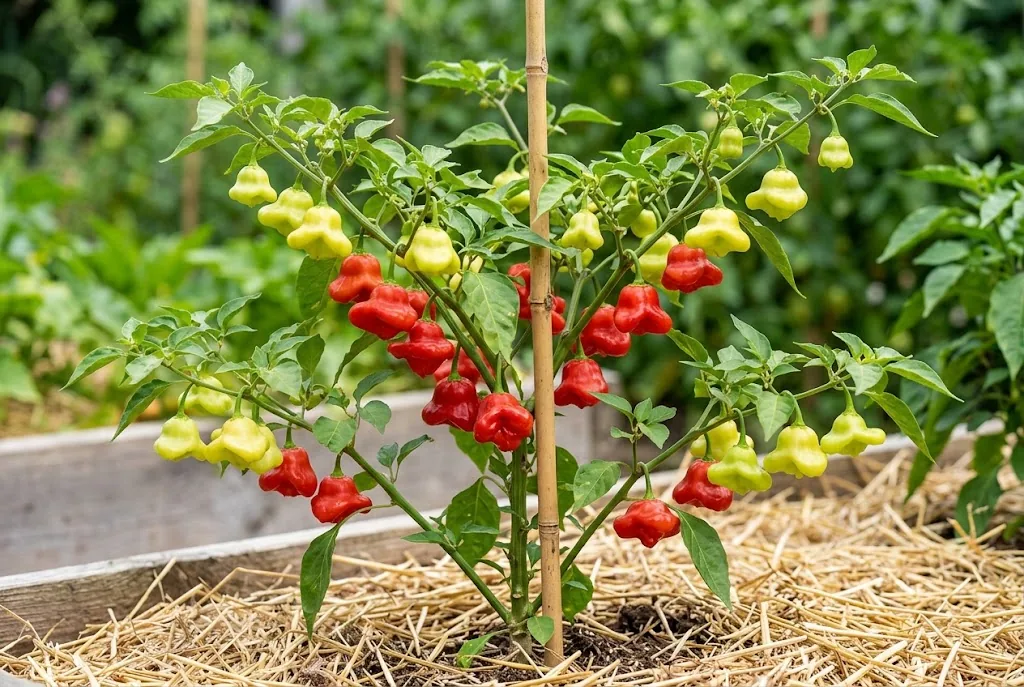 Full branching Mad Hatter pepper bush in a summer garden supported by a bamboo stake and heavy with pods