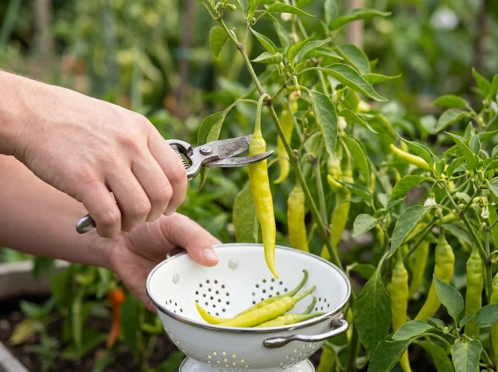 Pruners cutting a yellow-green Ibarra pepper into a colander