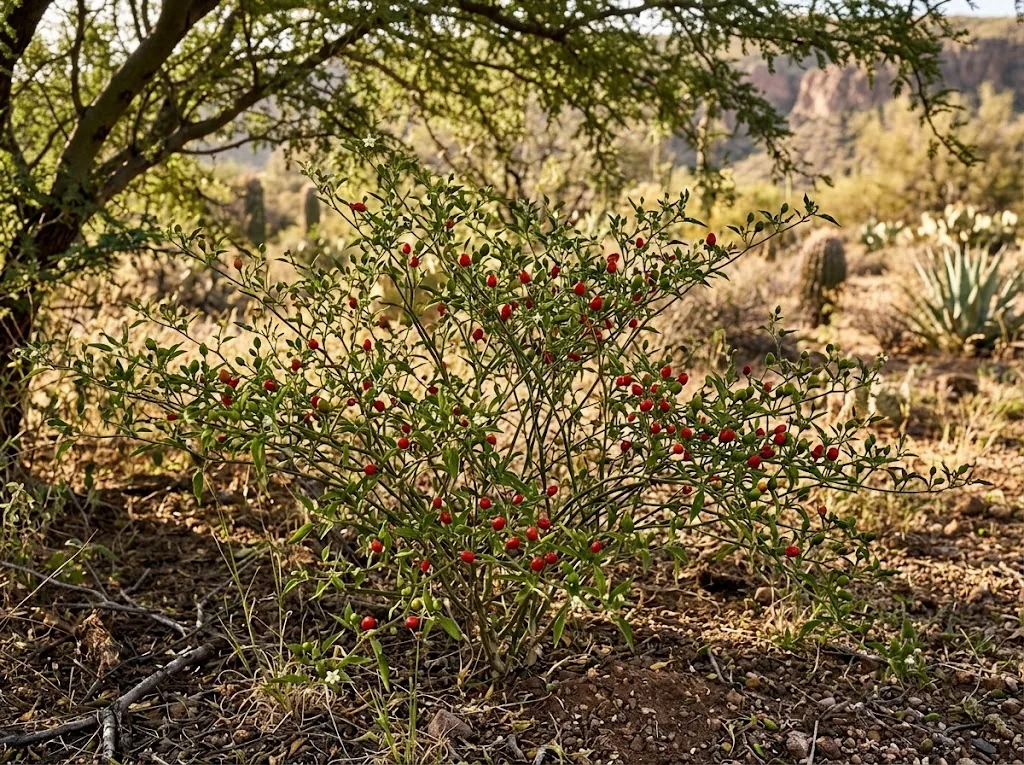 Fruiting chiltepin shrub with small red and green peppers beneath a nurse tree