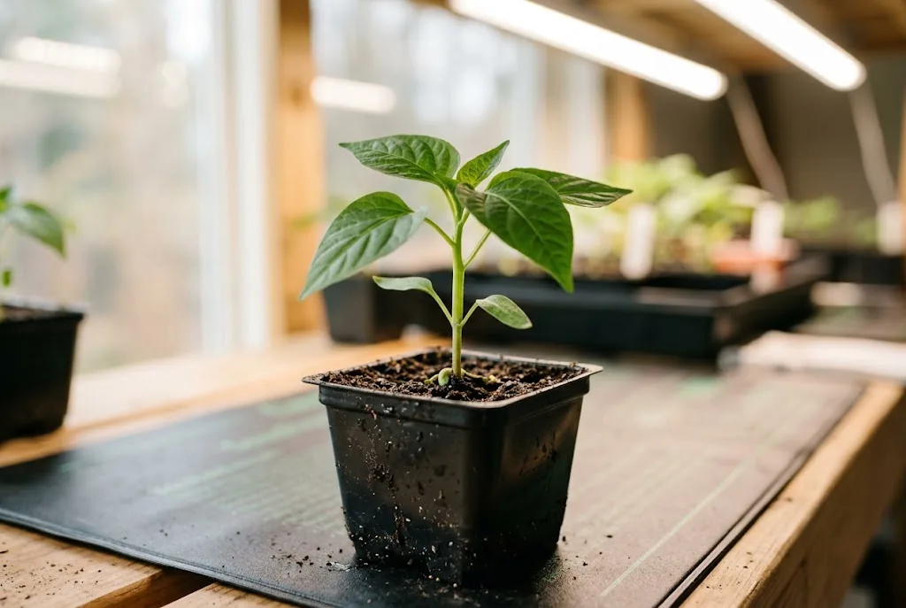 A young pepper seedling with true leaves grows in a propagation cell beneath a light
