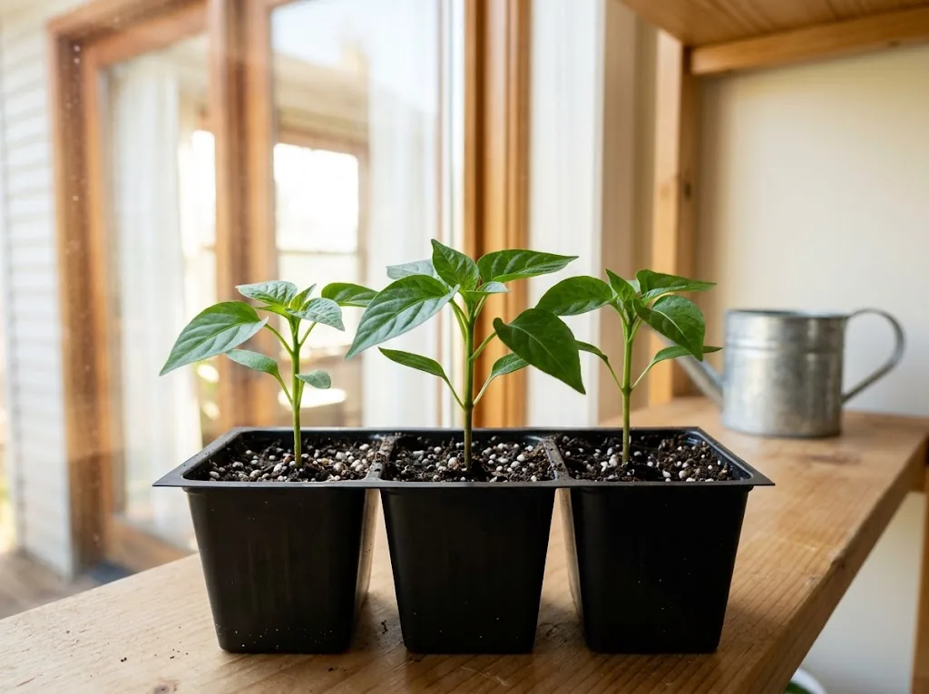 Three Mulato Isleño seedlings with true leaves in separate propagation cells