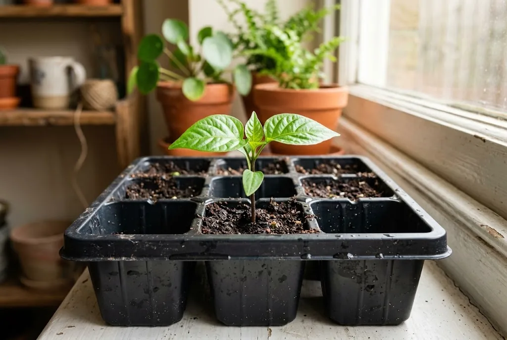 Trinidad Perfume seedling with true leaves in a propagation cell by a bright window