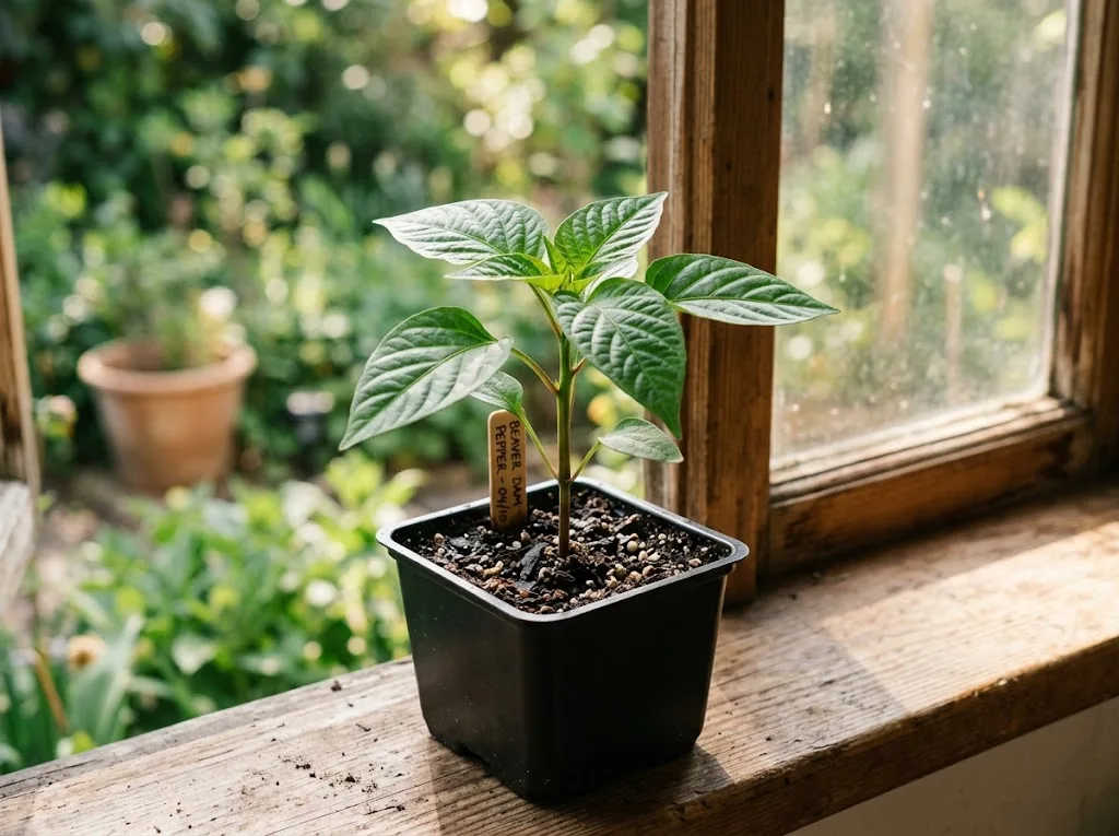 True-leaf Beaver Dam pepper seedling in a clean propagation cell by a bright window