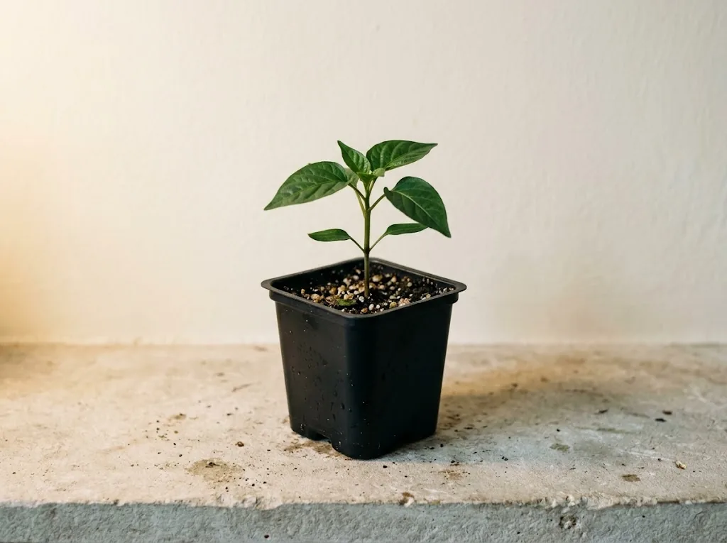 A young Capsicum chinense seedling with true leaves in a propagation cell beneath a grow light