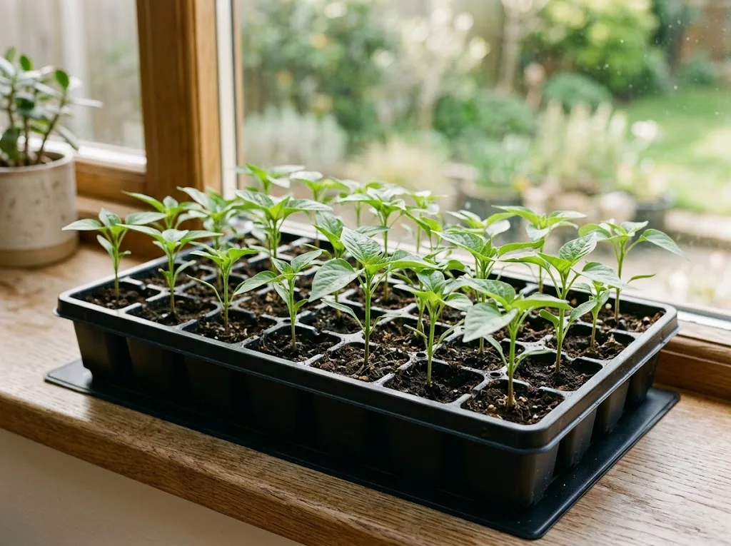 Young pepper seedlings in seed-starting cells beside a heat mat