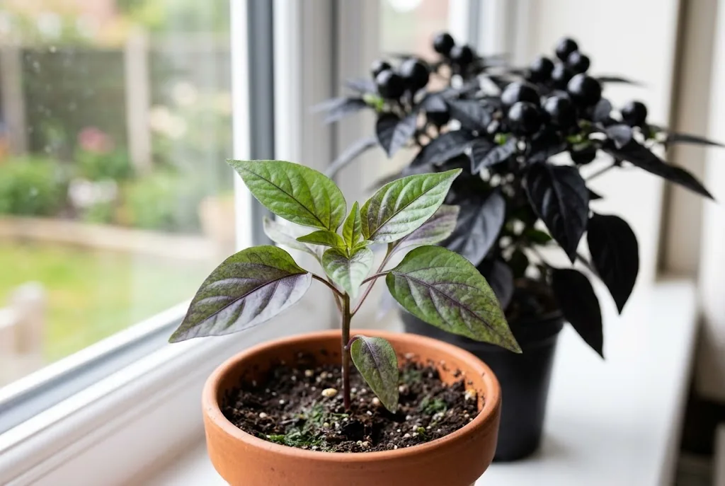 Young Black Pearl pepper seedling in a nursery pot