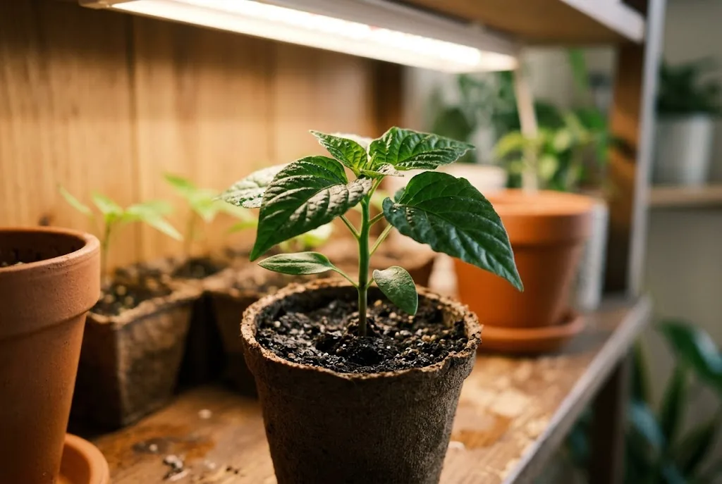 Chocolate Bhut Jolokia seedling growing indoors