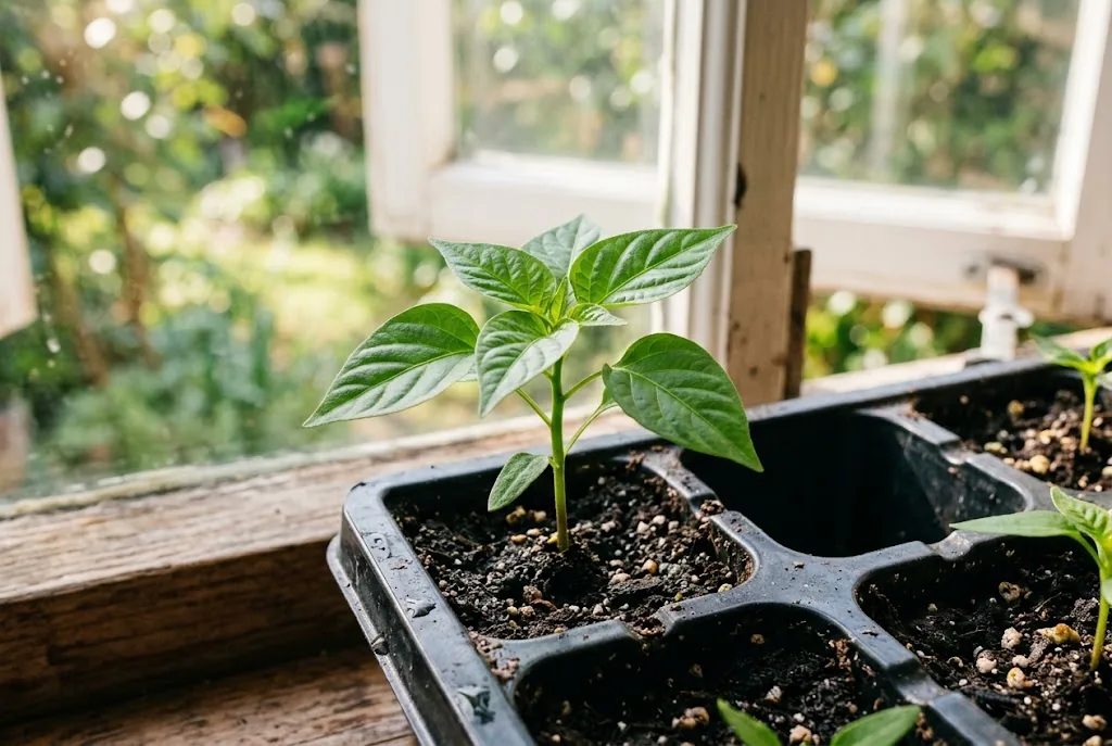 A young Aji Cristal pepper seedling with true leaves in an individual propagation cell.