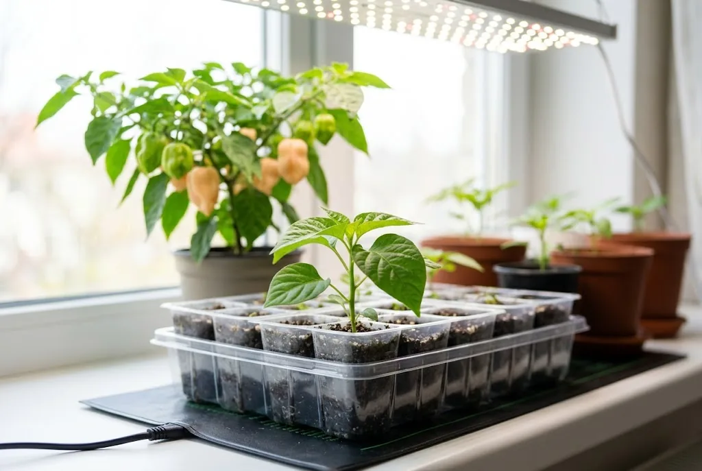 Peach Habanero seedling with true leaves in a warm indoor propagation cell
