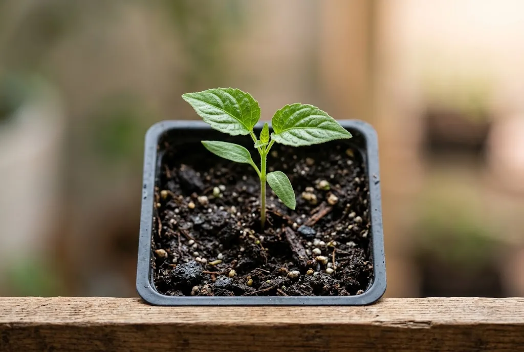 A young Byadgi pepper seedling growing in a propagation cell indoors