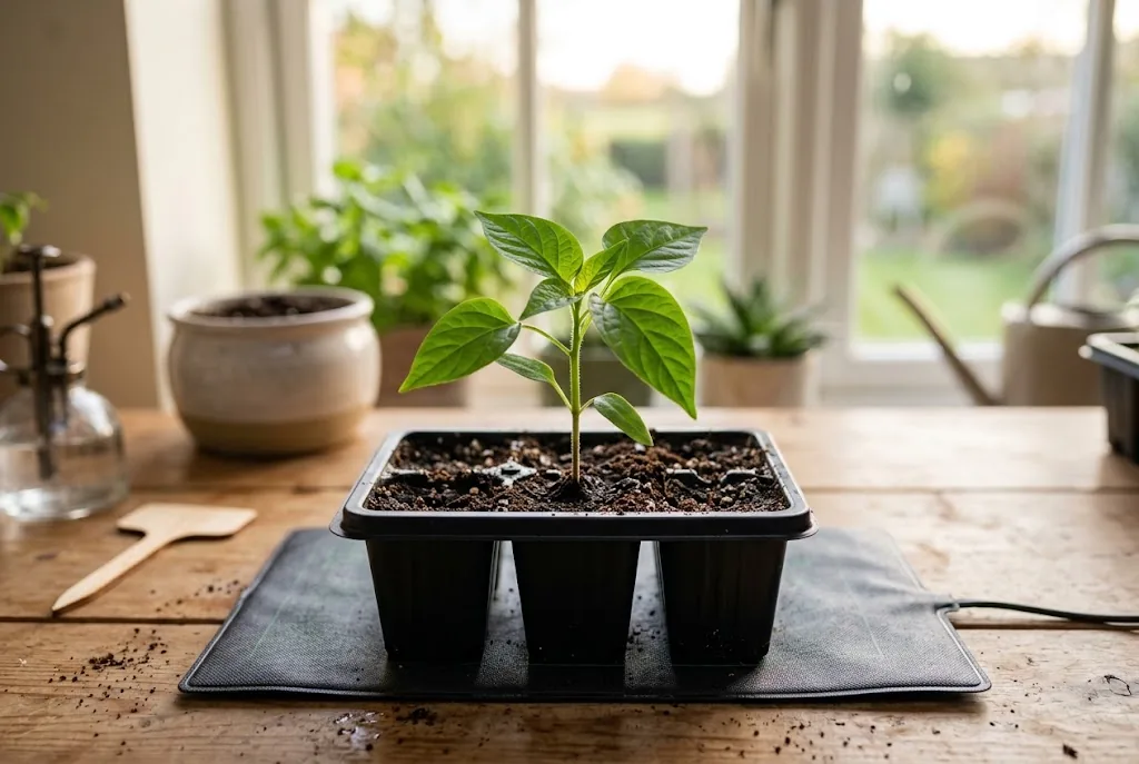A young Ring of Fire pepper seedling with true leaves in a warm indoor propagation cell