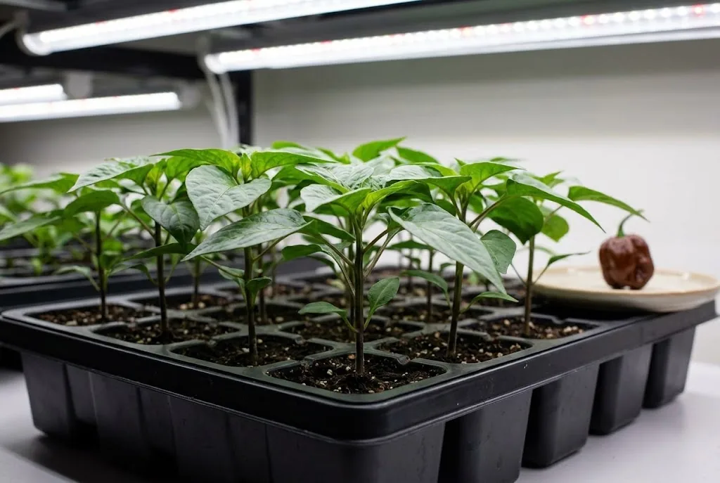 Healthy young chocolate habanero chili seedlings with true leaves growing in cell trays under bright light