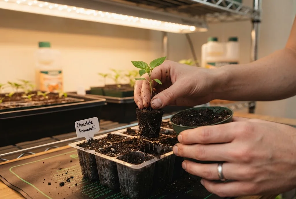 A young Capsicum chinense seedling being potted up under a grow light