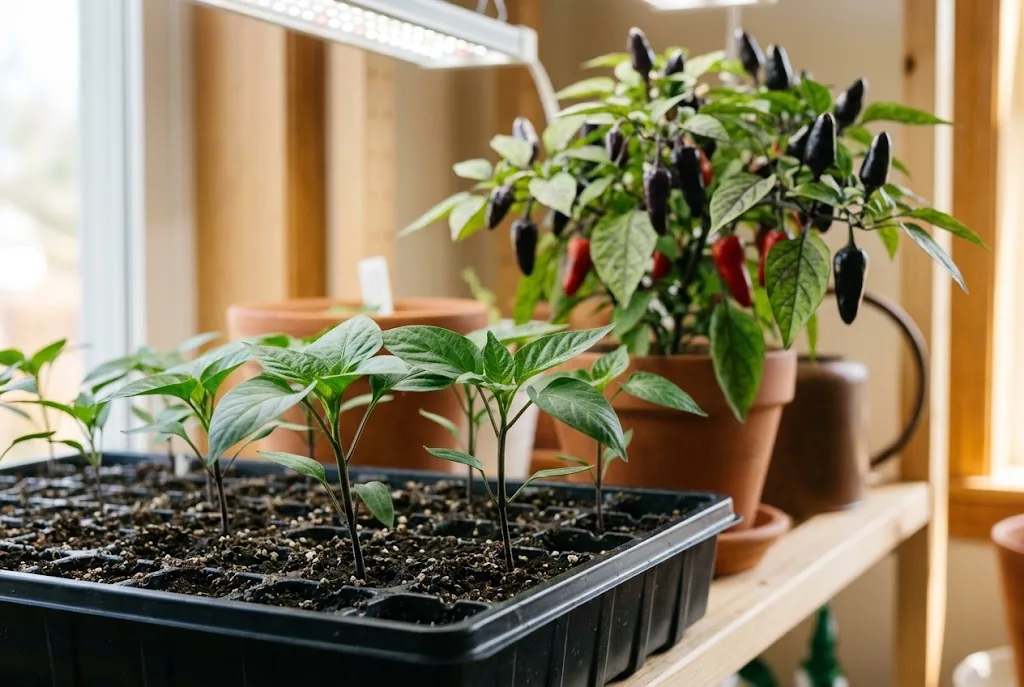 Black Hungarian pepper seedlings in trays beneath a bright grow light