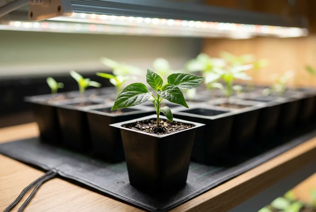 Brazilian Starfish seedlings with true leaves in warm seed-starting cells under a grow light