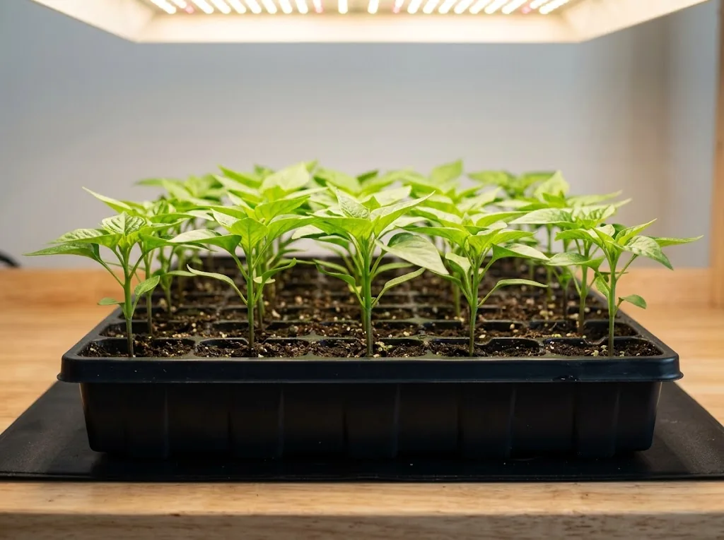 Young Habanada seedlings with true leaves in an indoor starting tray