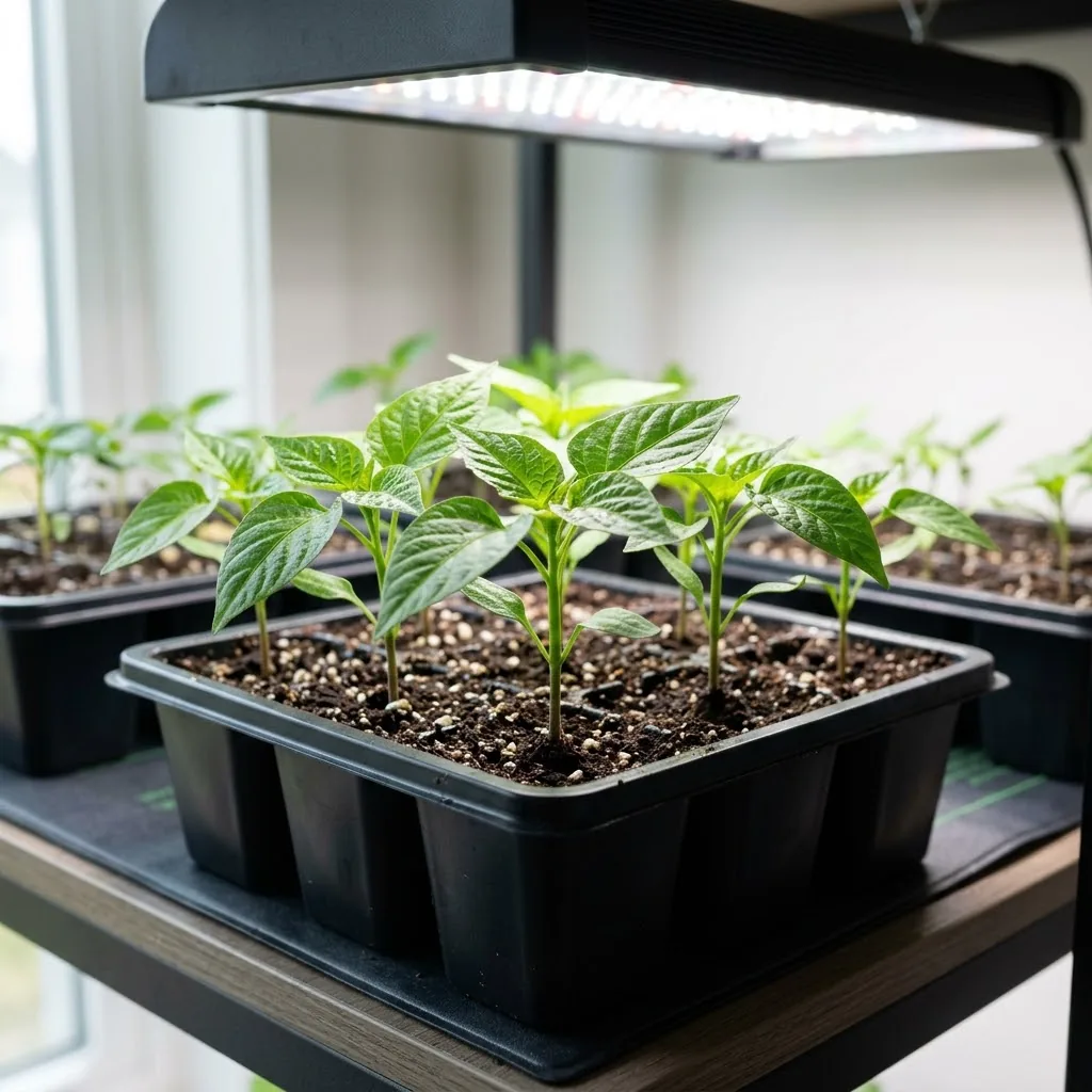 Young Sugar Rush Peach seedlings growing in clean cells under a light