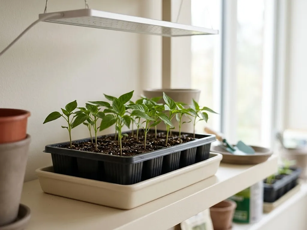 Red Savina seedlings at the true-leaf stage under a grow light