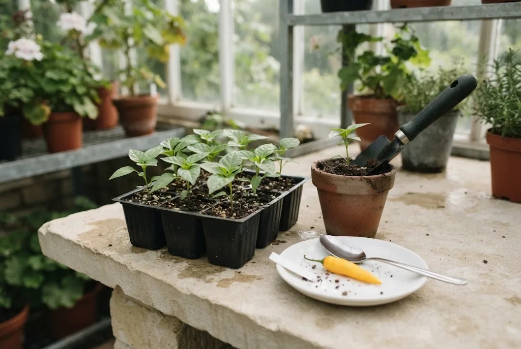 Aji Cito seedlings with one ripe yellow fruit beside the tray