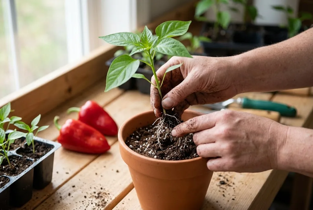 A Piquillo pepper seedling being moved from a starter cell into potting mix