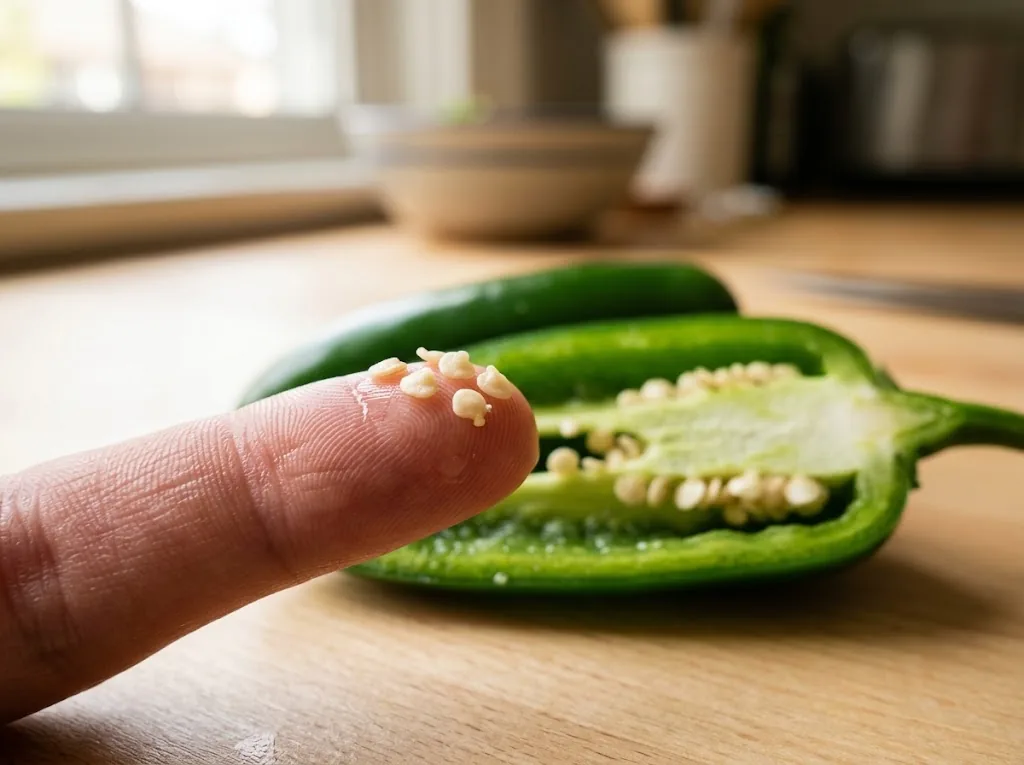 Cream jalapeño seeds on a fingertip with the inner rib and seeds of a cut pepper behind