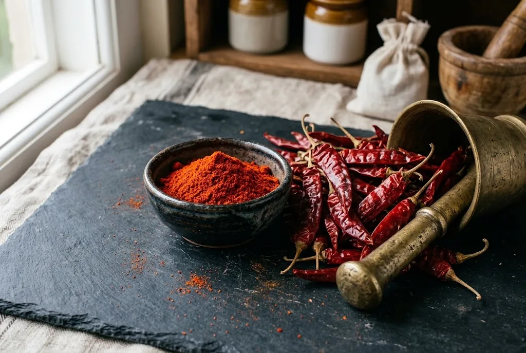Kashmiri chili powder in a small dark ceramic dish beside a heap of whole dried deep red wrinkled Kashmiri pods and a brass pestle on a matte slate surface