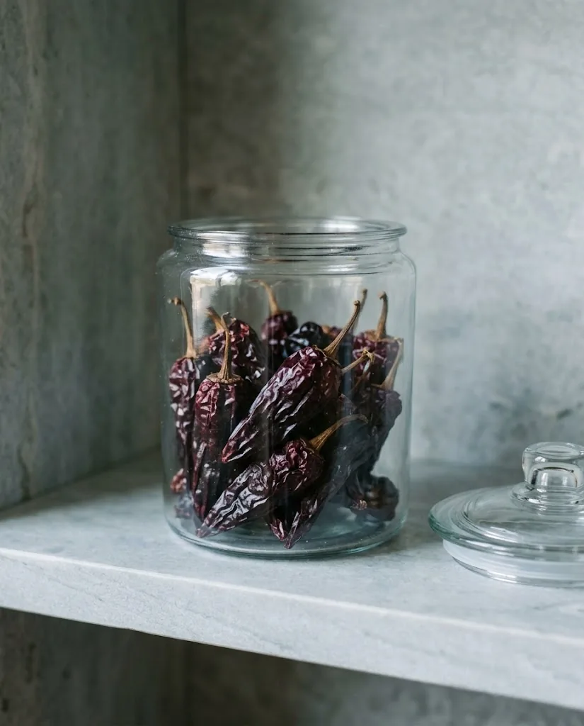 Wrinkled dark Morita chiles stored in an airtight jar on a cool pantry shelf