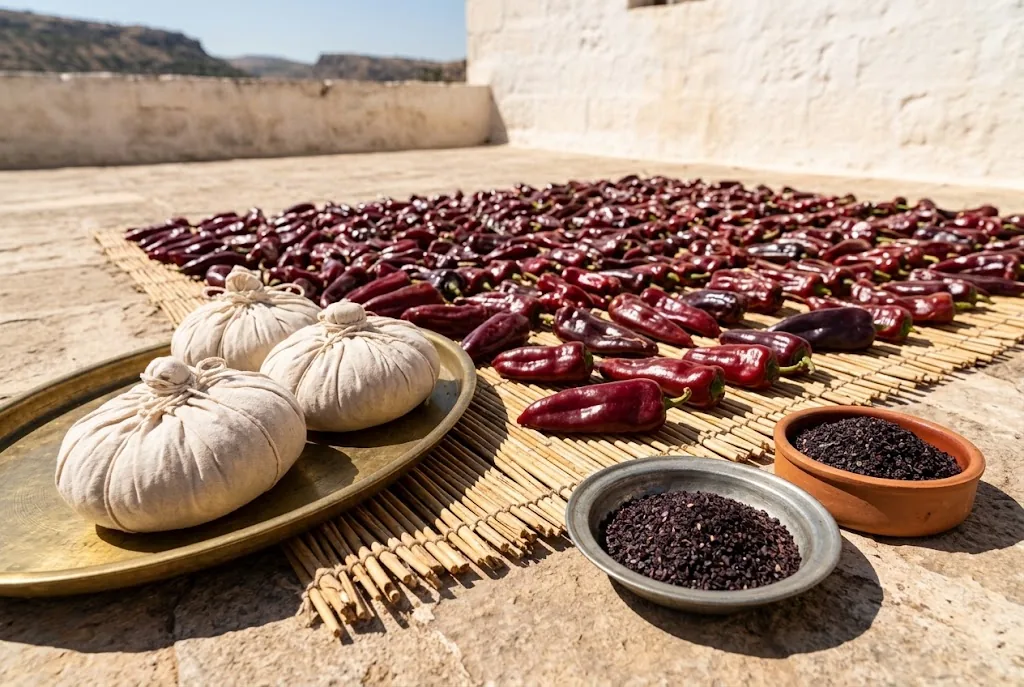 Woven reed mat of fresh dark maroon urfa biber pods drying in full sun beside two cloth-wrapped sweating bags and bowls of finished dark purple-black flakes