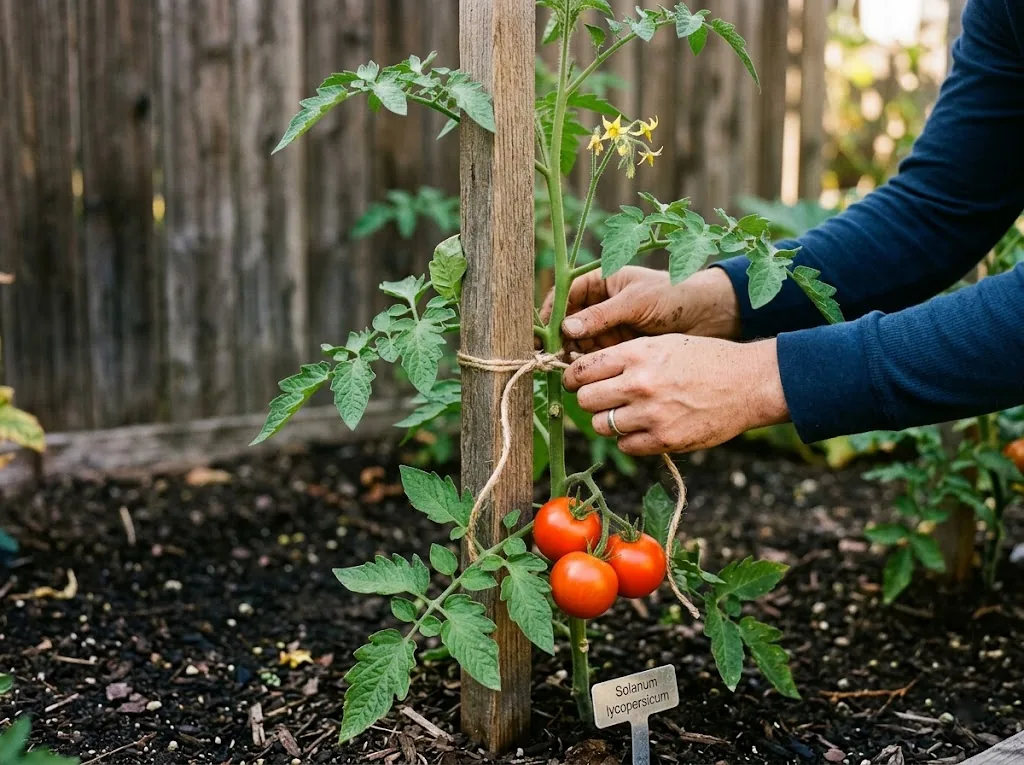 A gardener loosely ties one indeterminate tomato stem to a sturdy stake