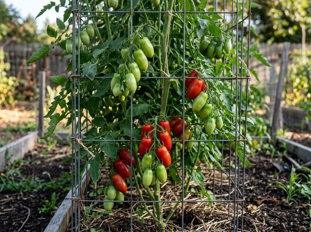 An indeterminate paste tomato vine growing upright inside a wire cage