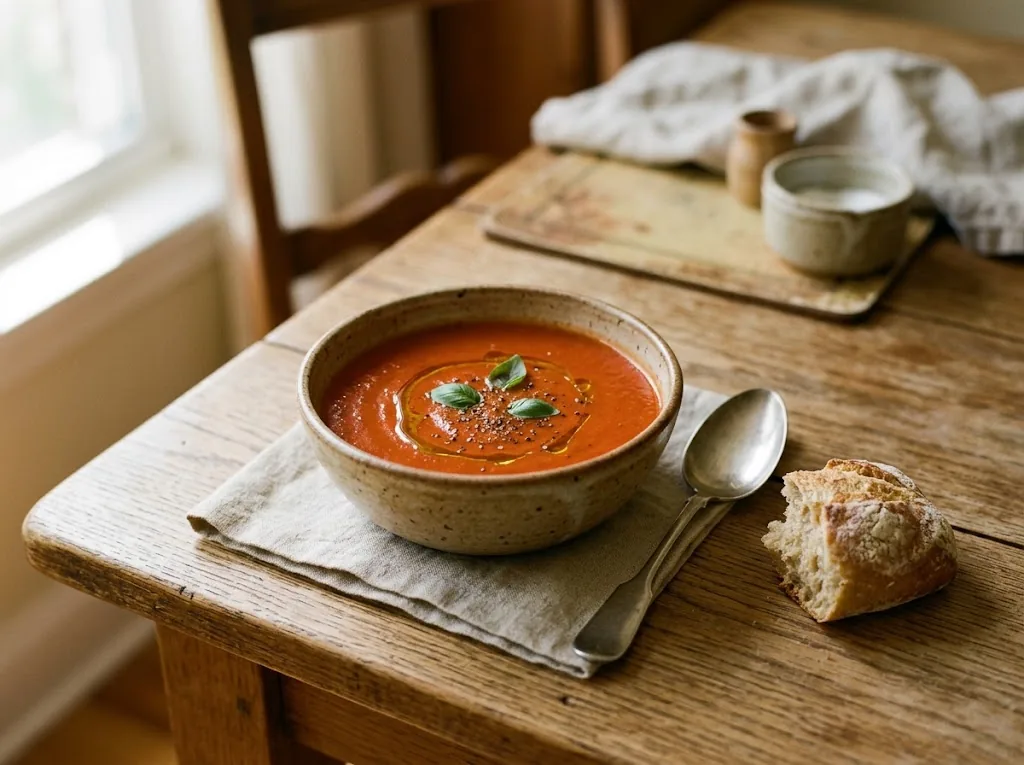 A bowl of tomato soup with a spoon and bread on a home dining table