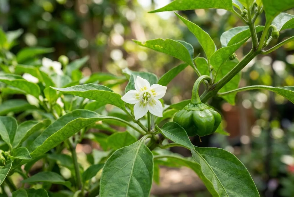 White Brazilian Starfish pepper flower with a chartreuse mark beside a small green fruit