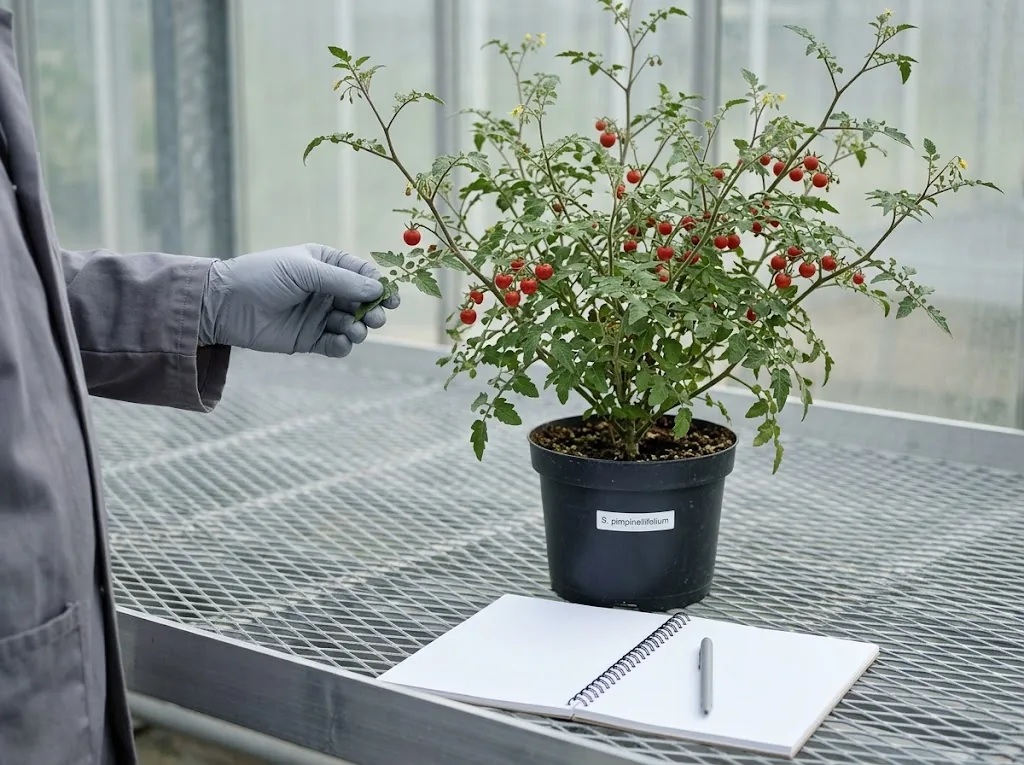 A breeder examining a currant tomato leaf in a research greenhouse