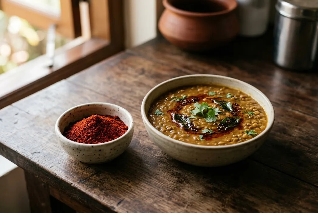 Byadgi chili powder beside a bowl of lentil curry