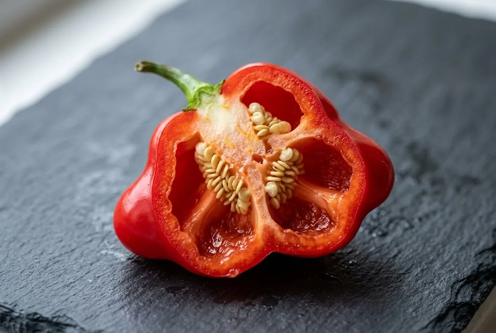 Halved ripe red Mad Hatter pepper on dark slate showing crisp lobed wings and central placenta with seeds