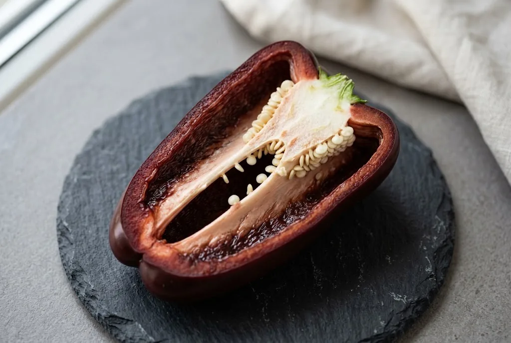 One halved ripe urfa biber pod showing pale cream placenta and white seeds on dark slate
