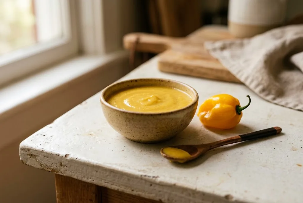 A bowl of yellow pepper sauce beside one ripe Trinidad Perfume fruit