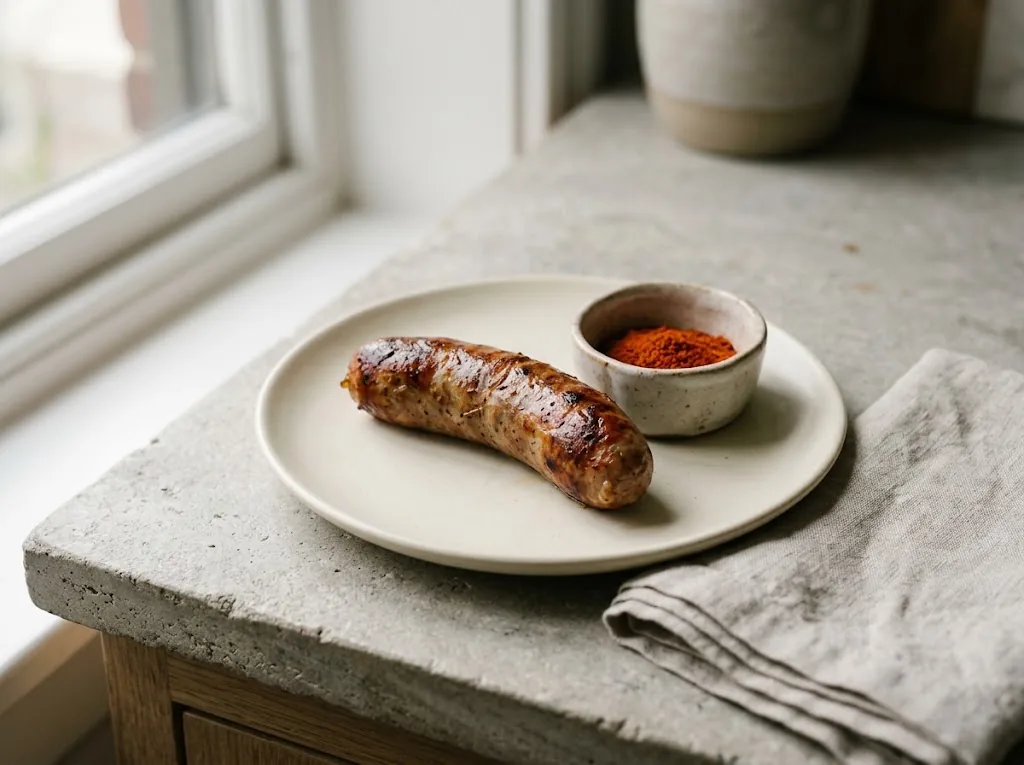 One browned sausage link beside a ramekin of red chili powder on ceramic