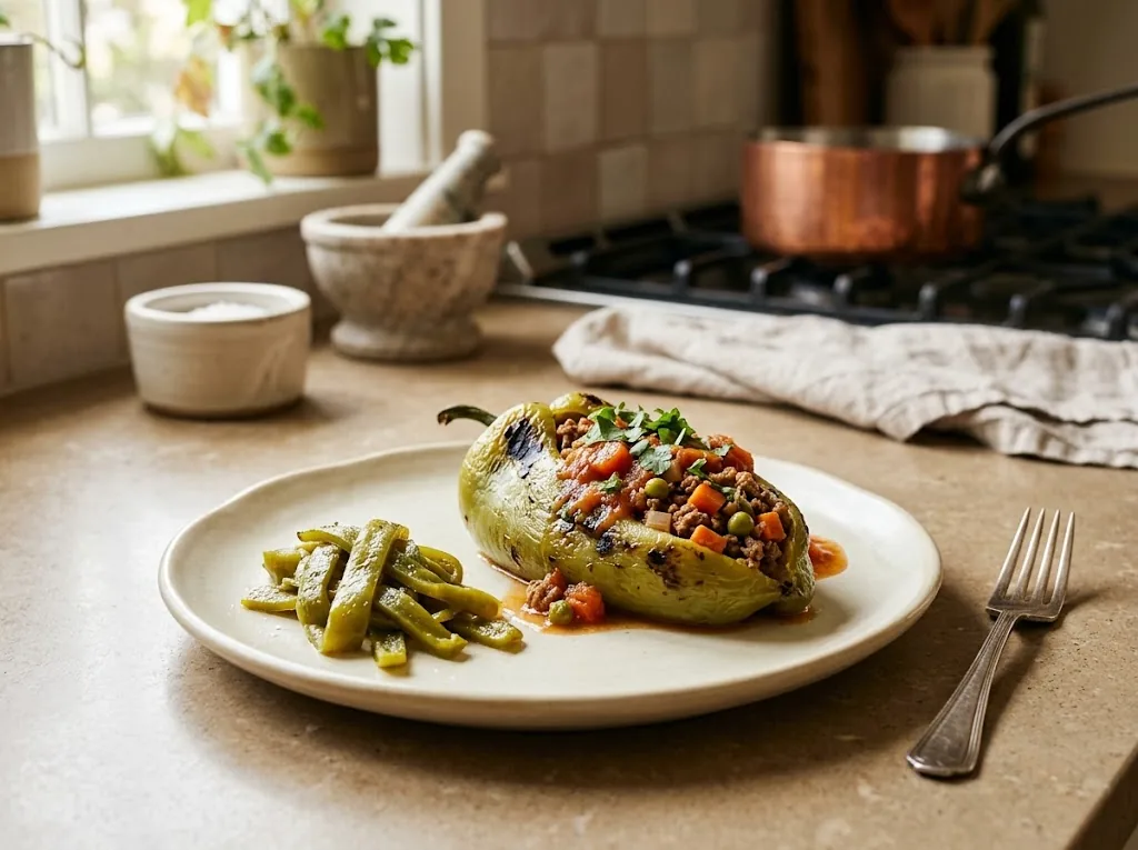 Roasted and stuffed chile de agua served with strips on a ceramic plate.