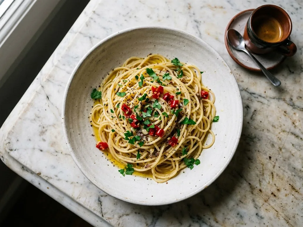 Top-down view of spaghetti tossed with olive oil garlic anchovies and chopped Calabrian chili peppers