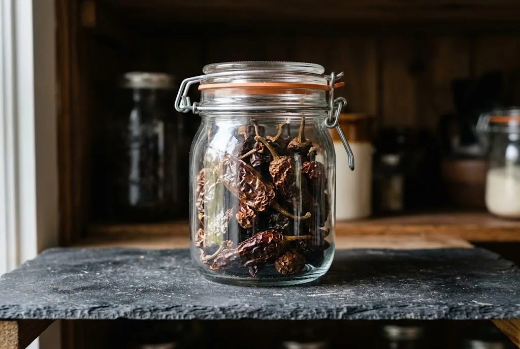 Finished homemade dried chipotle morita peppers stored in an airtight glass jar