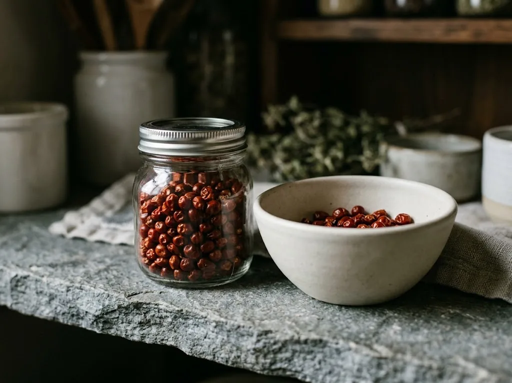 Fully ripe red chiltepin pods drying and stored in a glass jar beside a ceramic bowl