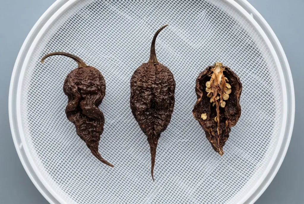 Brittle brown Primotalii fruits on a dehydrator tray beside a sealed storage jar