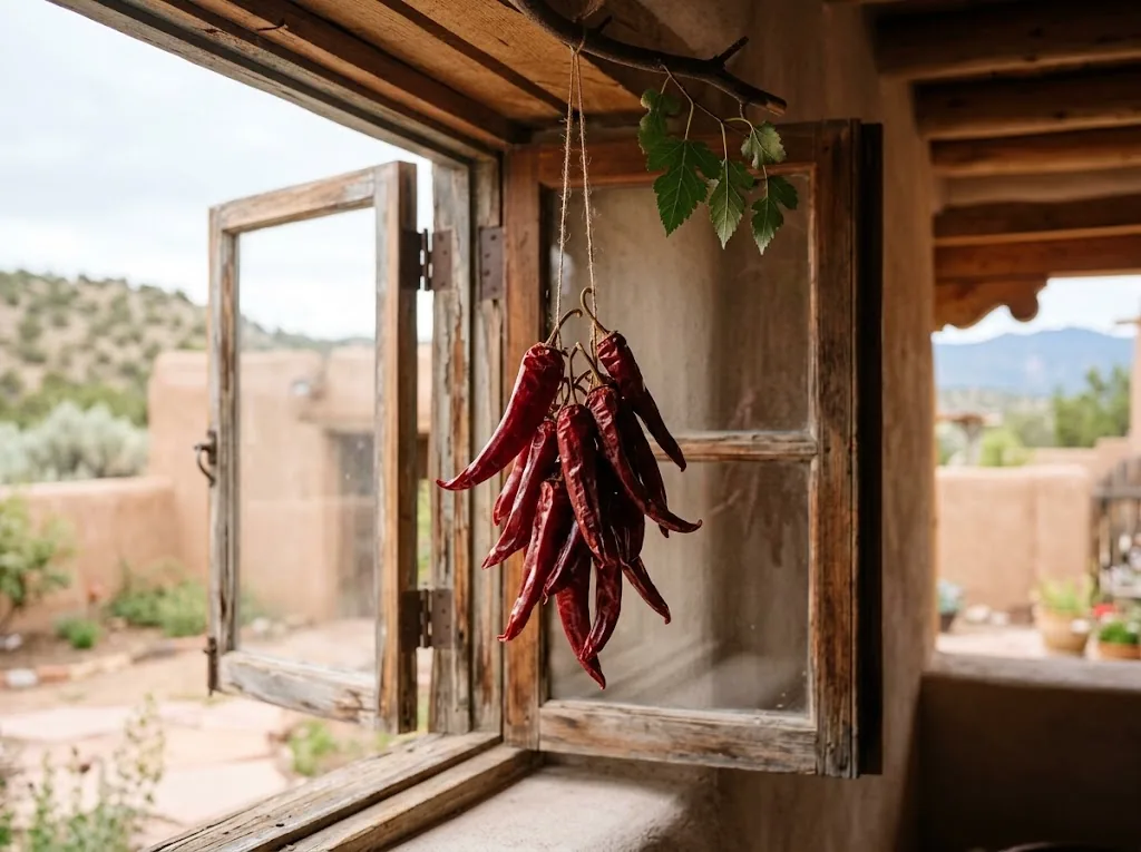 Ripe red Chimayo chiles drying in an airy bundle by an open window