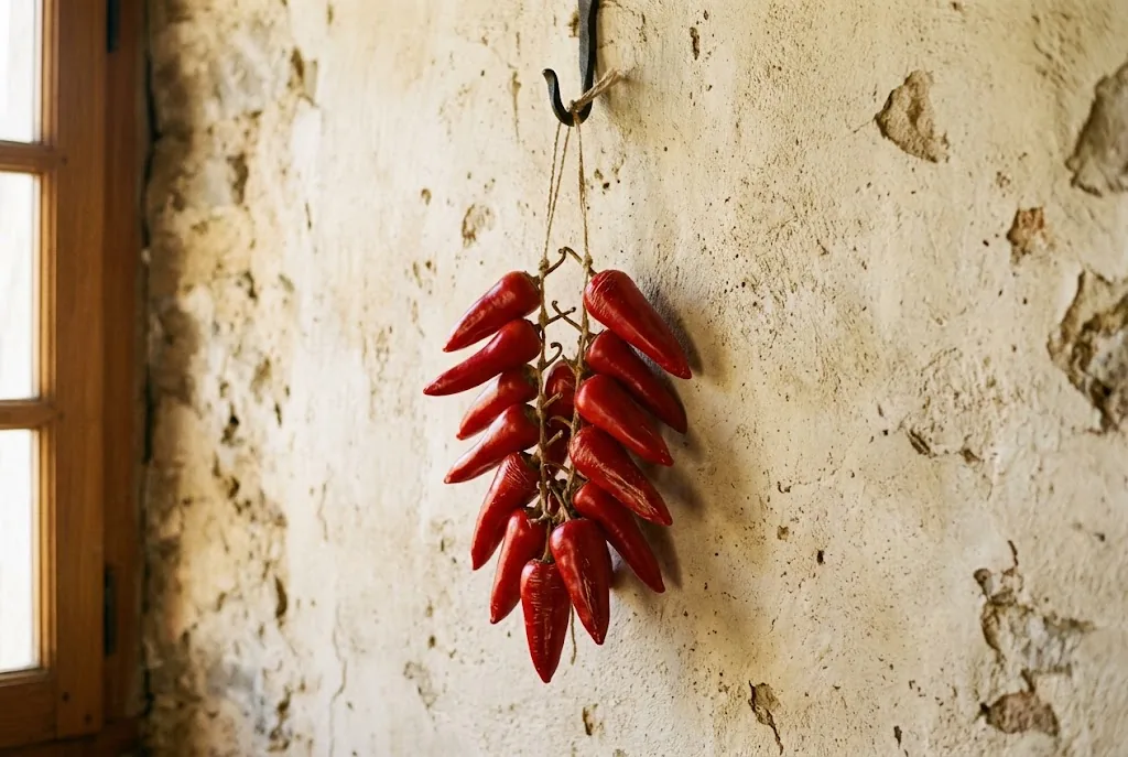 A short string of ripe red Gorria peppers drying against a pale plaster wall
