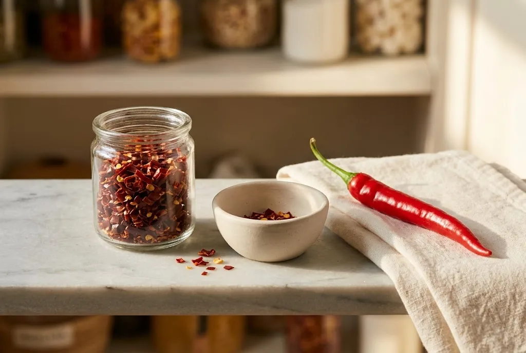 Dried Ring of Fire pepper flakes in a clear jar beside a ripe pod