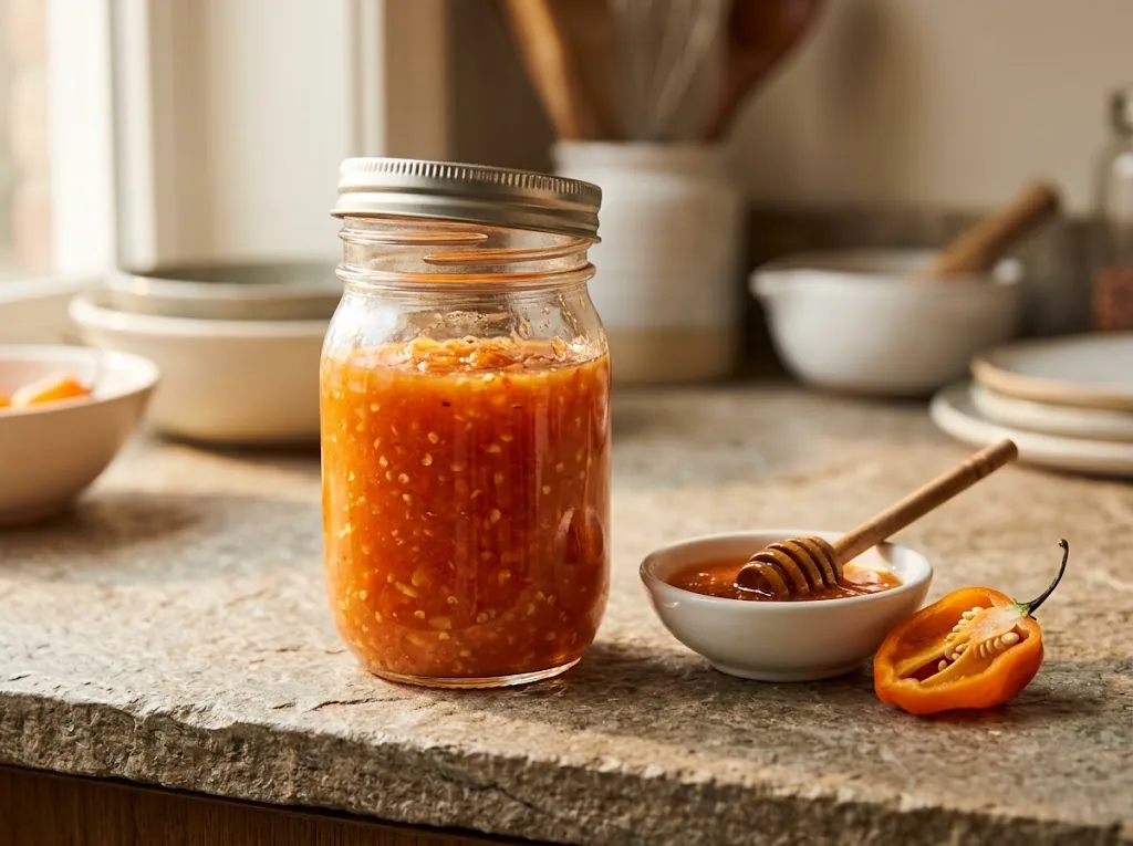 A glass jar of fermented orange habanero hot sauce next to a fresh pod and a small tasting bowl on a stone counter