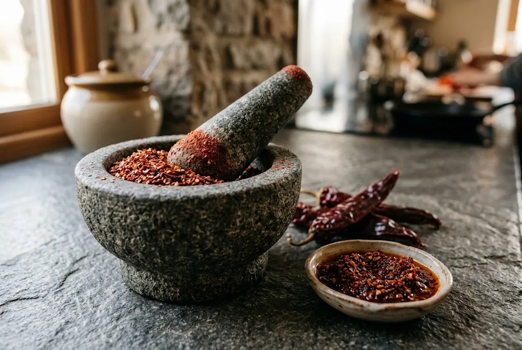 A heavy granite mortar holding a coarse pile of burgundy Aleppo pepper flake beside a small ceramic dish of the same flake and a few whole dried dark red wrinkled Halaby pods on a matte stone counter