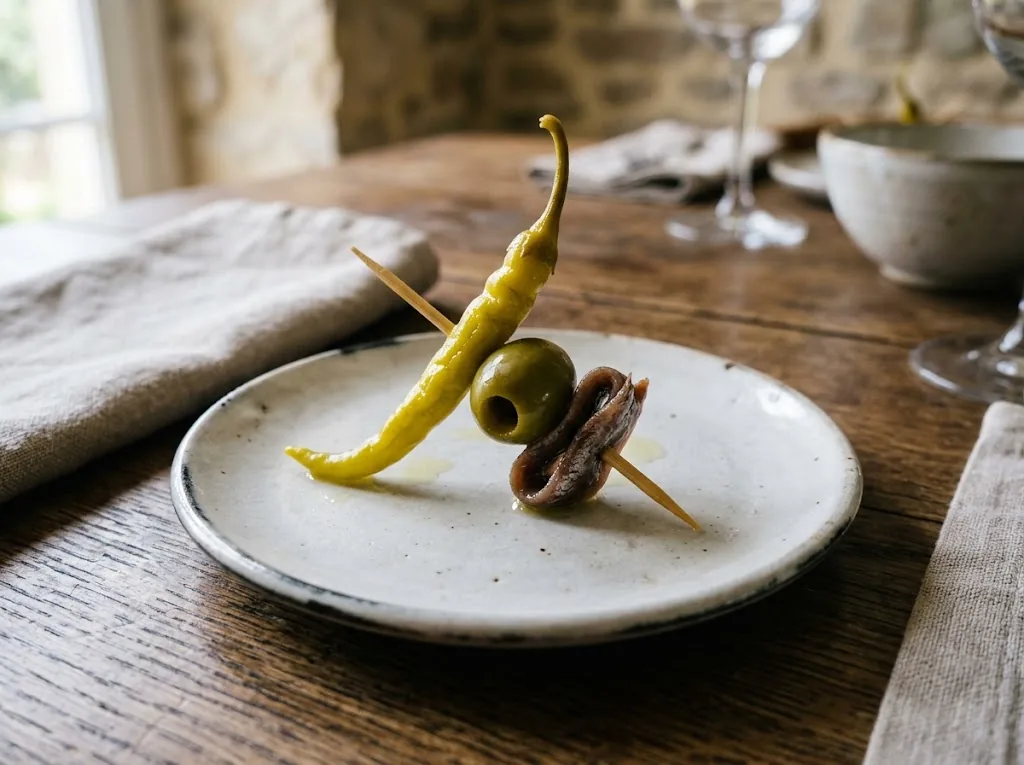 Pickled Ibarra pepper, olive, and anchovy on a Gilda skewer