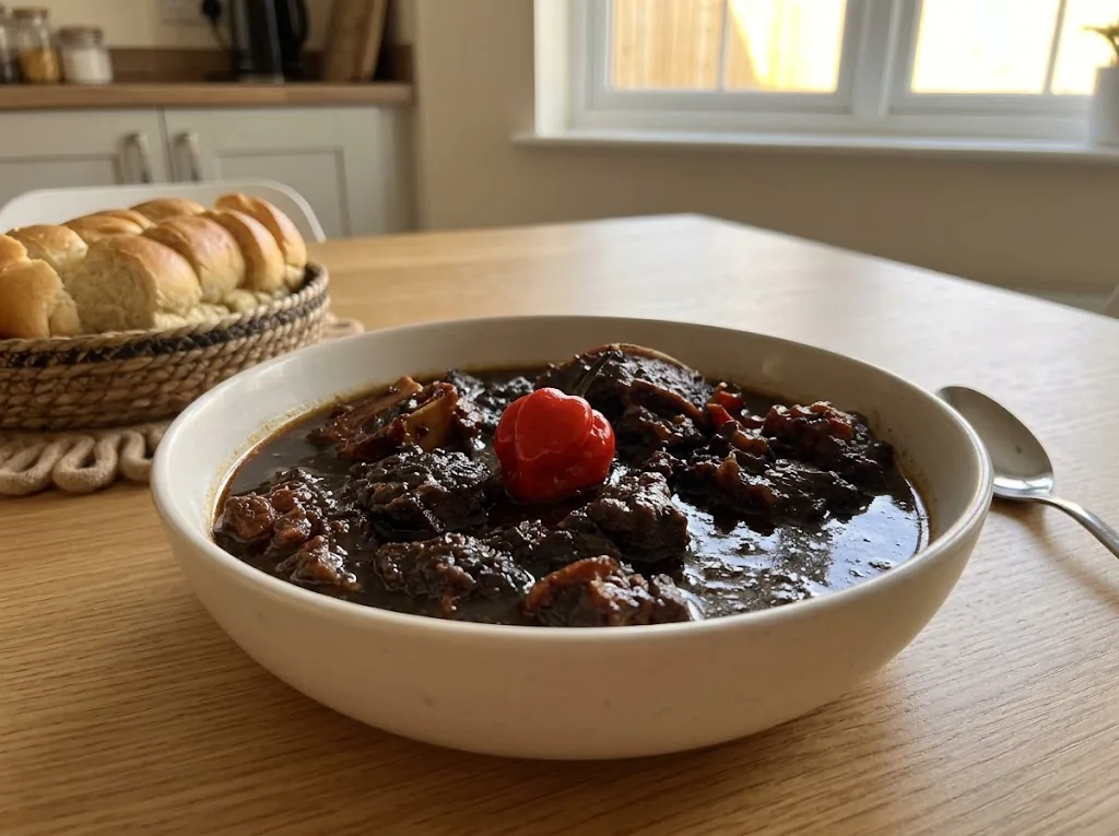 A bowl of Guyanese pepperpot stew with a small Wiri Wiri pepper visible among the ingredients.